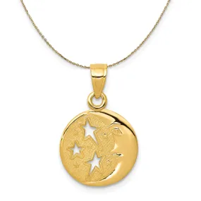 14k Yellow Gold 13mm Moon and Stars Necklace