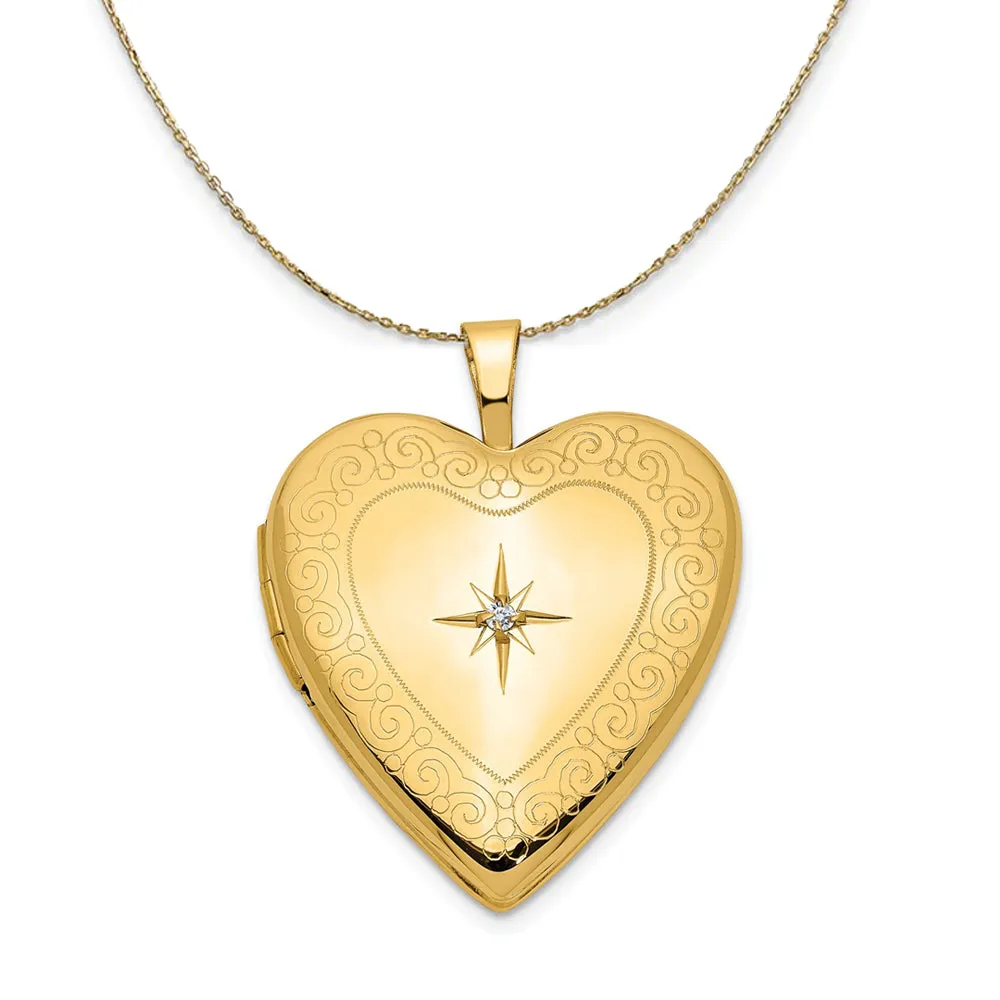 14k Yellow Gold 20mm Textured Diamond Heart Locket Necklace