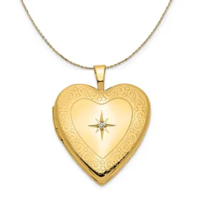 14k Yellow Gold 20mm Textured Diamond Heart Locket Necklace