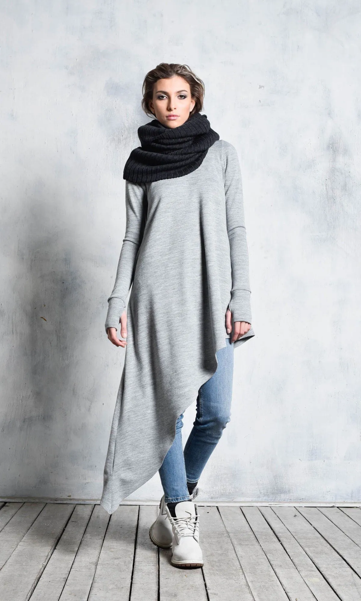 Aakasha  |Long Sleeves Plain Cotton Long Handmade Bold Asymmetry