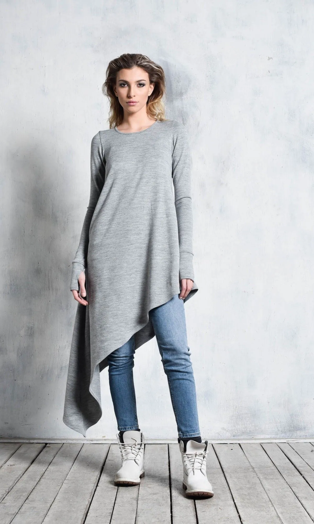 Aakasha  |Long Sleeves Plain Cotton Long Handmade Bold Asymmetry