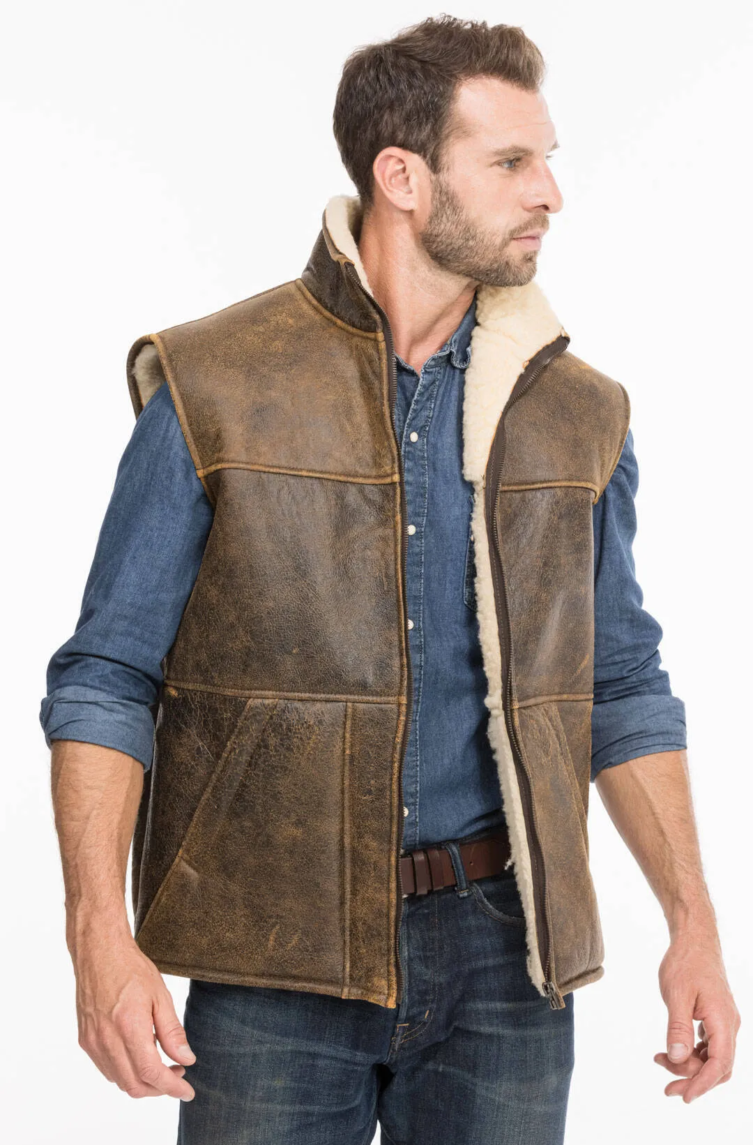 Aged brown chamonix sheep sleeveless vests