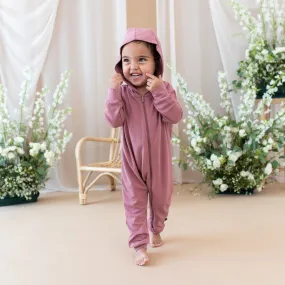 Bamboo Jersey Hooded Zippered Romper in Dusty Rose