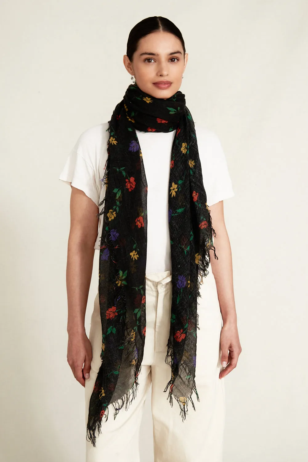 Black Valentina Floral Print Cashmere and Silk Scarf