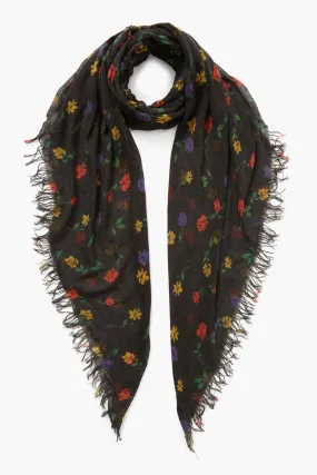 Black Valentina Floral Print Cashmere and Silk Scarf