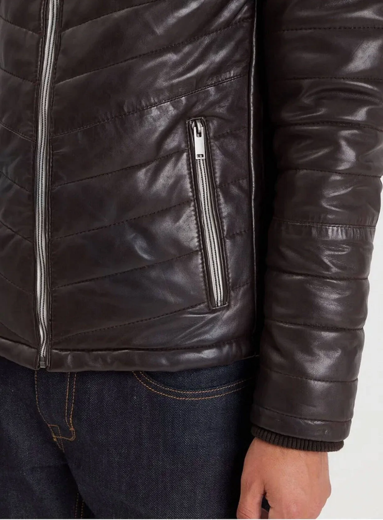 Brown men's leather down jacket 102444