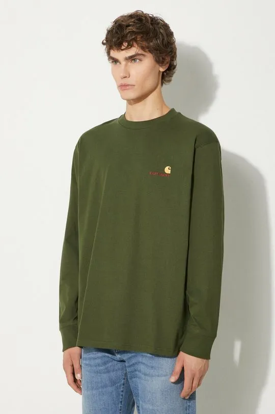 Carhartt WIP cotton longsleeve top Longsleeve American Script green color smooth I029955.2BRXX