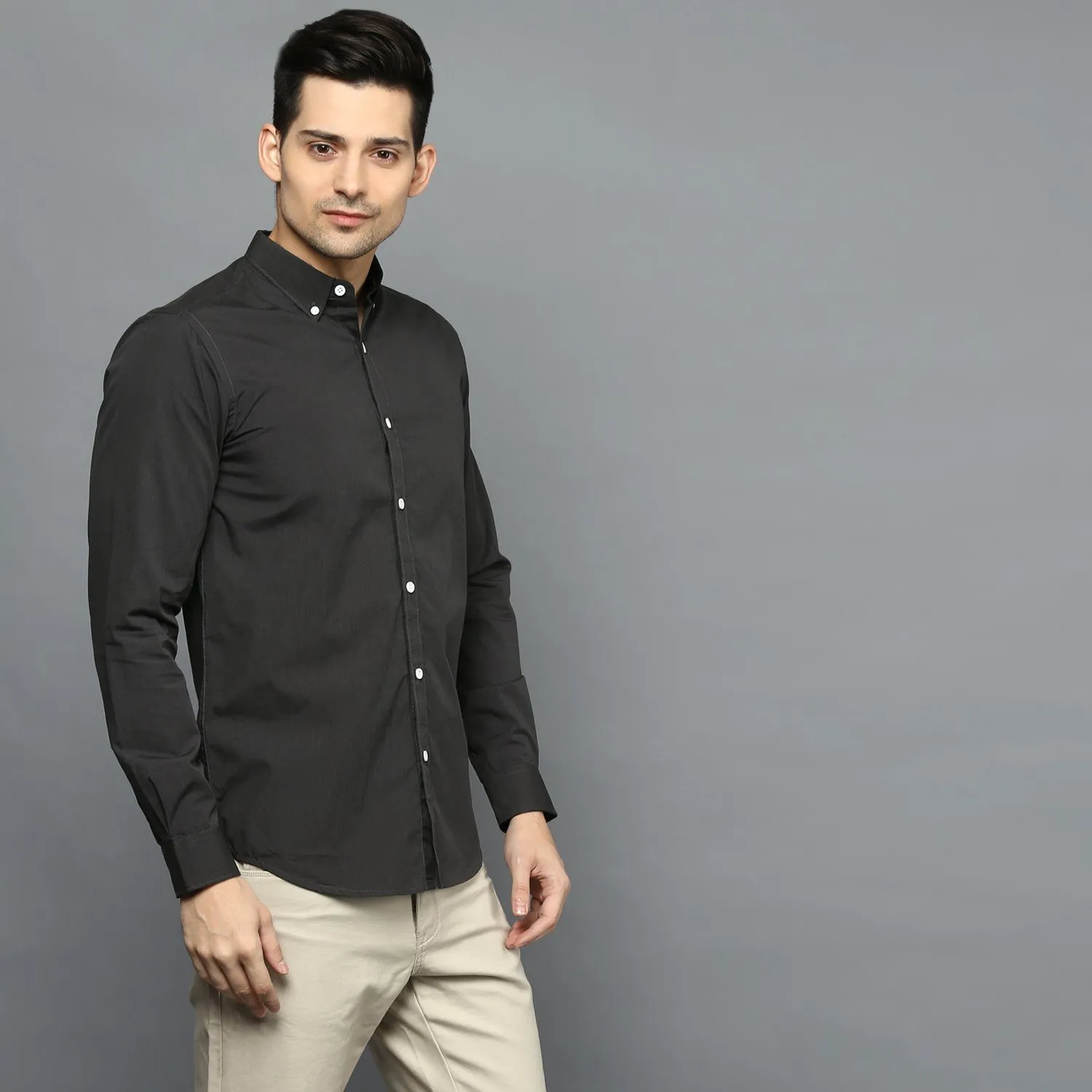 Charcoal Black Button Down Regular Fit Shirt