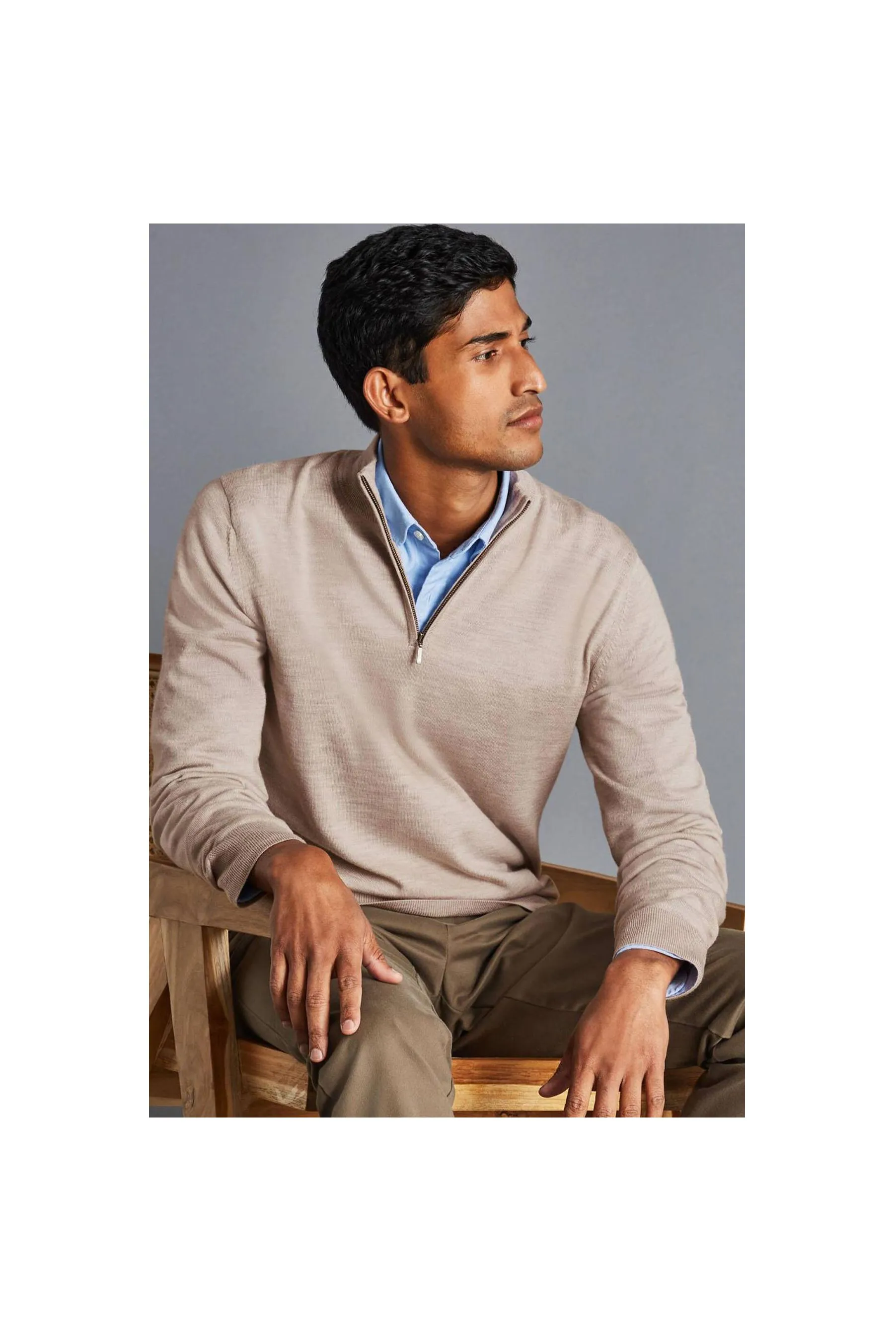 CHARLES TYRWHITT Limestone Pure Merino Zip Neck Jumper  Limestone Men Jumpers