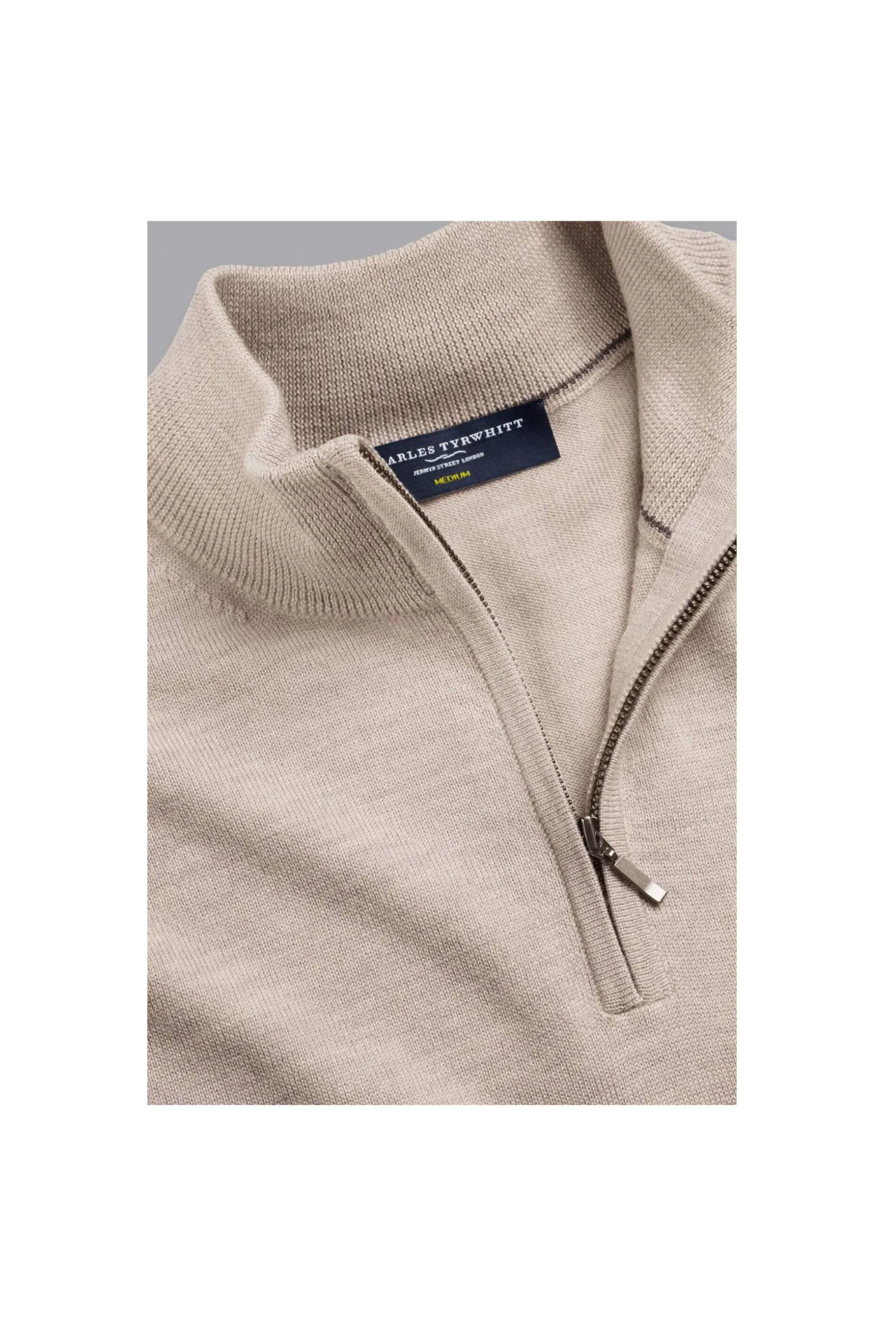 CHARLES TYRWHITT Limestone Pure Merino Zip Neck Jumper  Limestone Men Jumpers