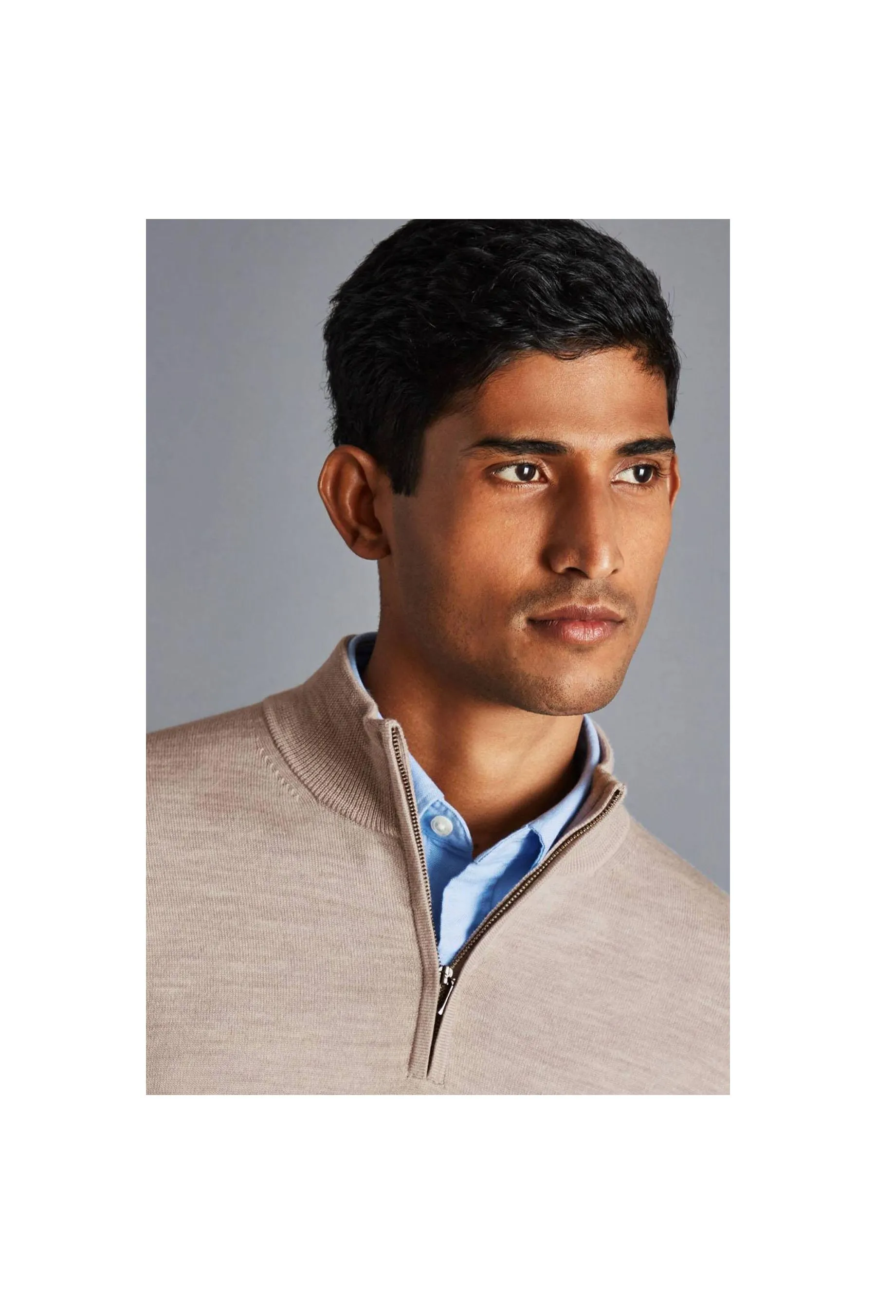 CHARLES TYRWHITT Limestone Pure Merino Zip Neck Jumper  Limestone Men Jumpers