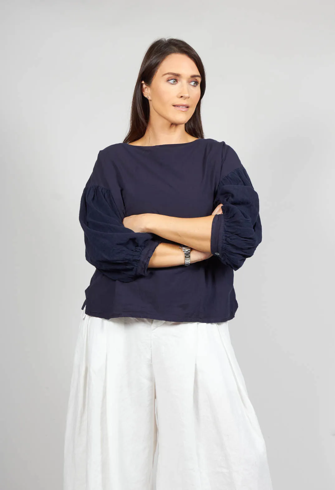 Crinkle Top with Contrasting Sleeves in Navy