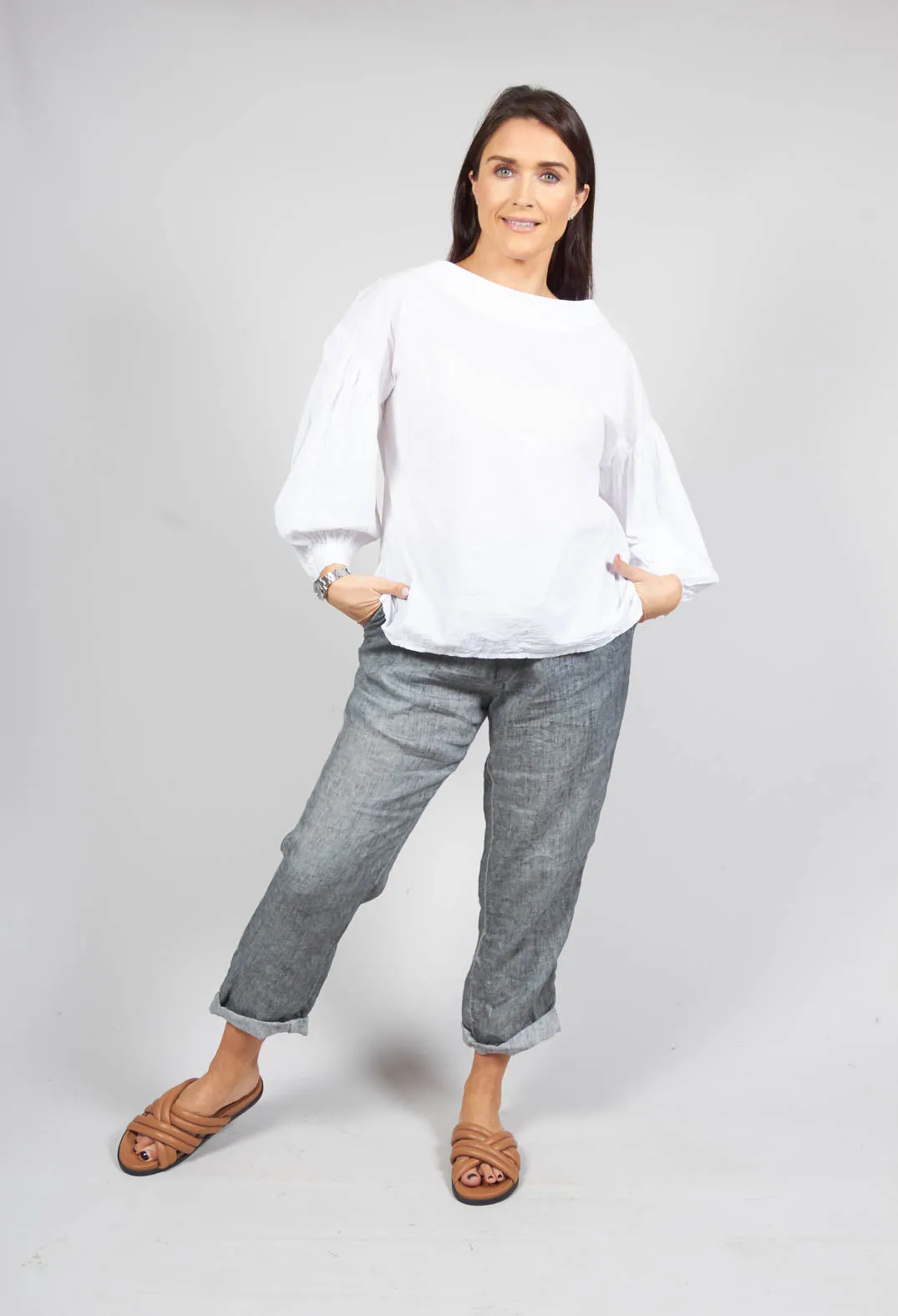 Crinkle Top with Contrasting Sleeves in White