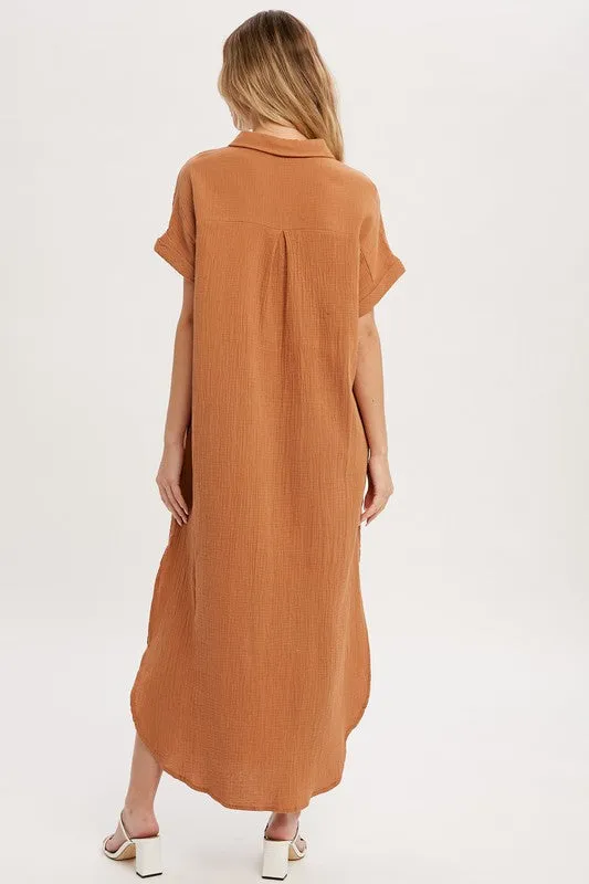 Drop Shoulder Button Down Cotton Maxi Dress