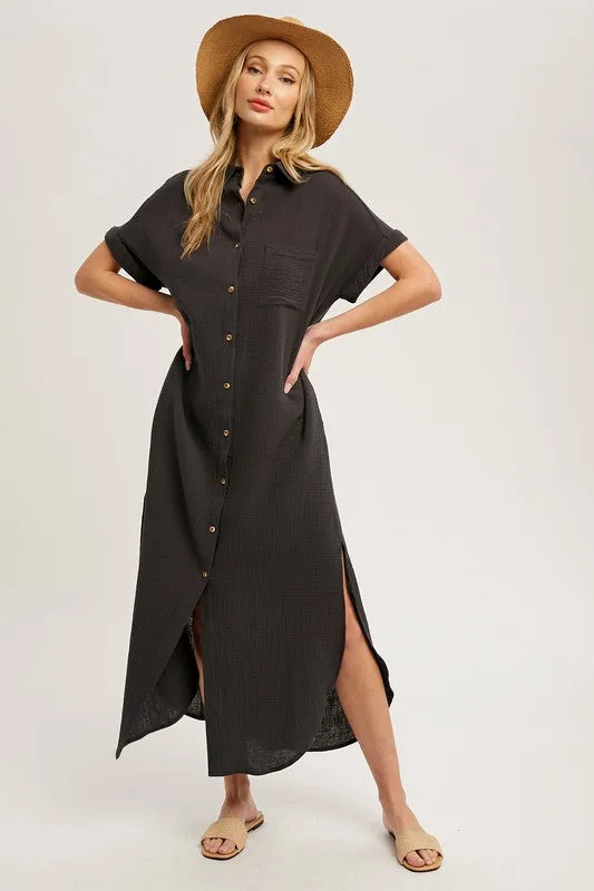 Drop Shoulder Button Down Cotton Maxi Dress