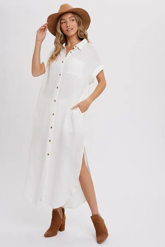 Drop Shoulder Button Down Cotton Maxi Dress