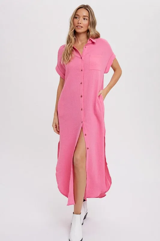 Drop Shoulder Button Down Cotton Maxi Dress