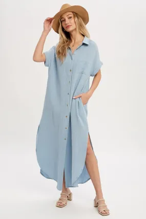 Drop Shoulder Button Down Cotton Maxi Dress