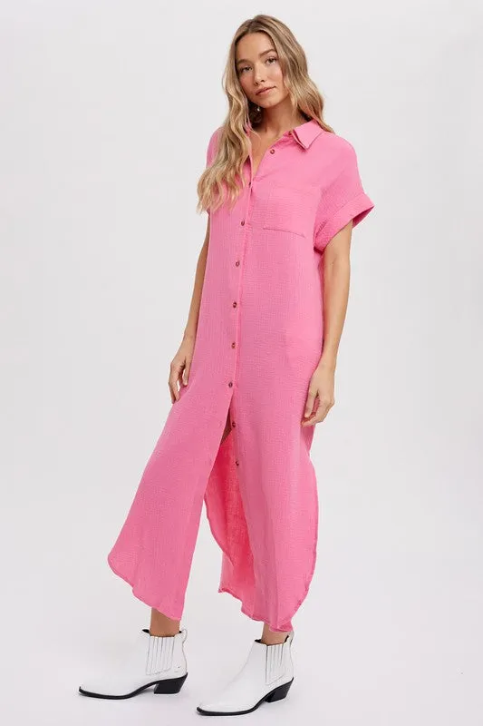 Drop Shoulder Button Down Cotton Maxi Dress