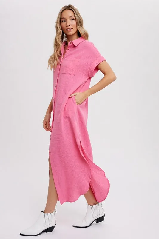 Drop Shoulder Button Down Cotton Maxi Dress