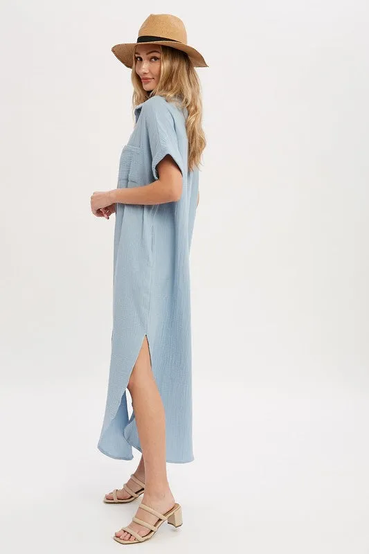 Drop Shoulder Button Down Cotton Maxi Dress