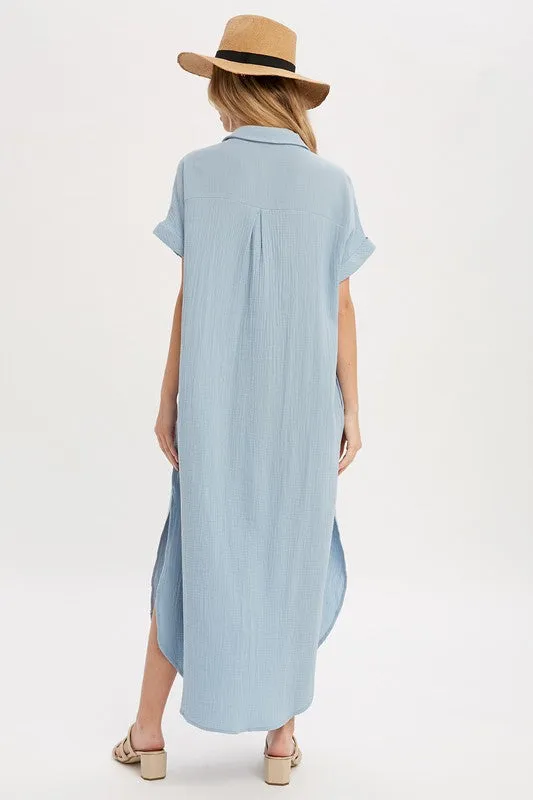 Drop Shoulder Button Down Cotton Maxi Dress