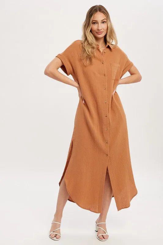 Drop Shoulder Button Down Cotton Maxi Dress