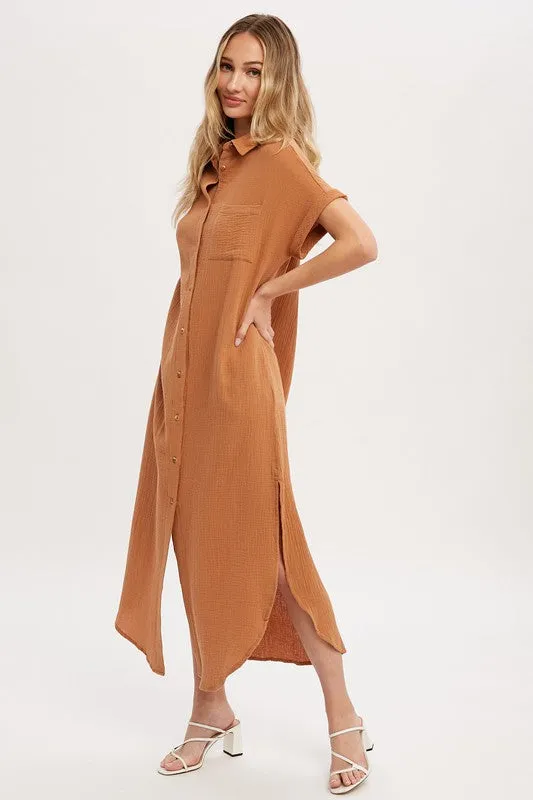 Drop Shoulder Button Down Cotton Maxi Dress