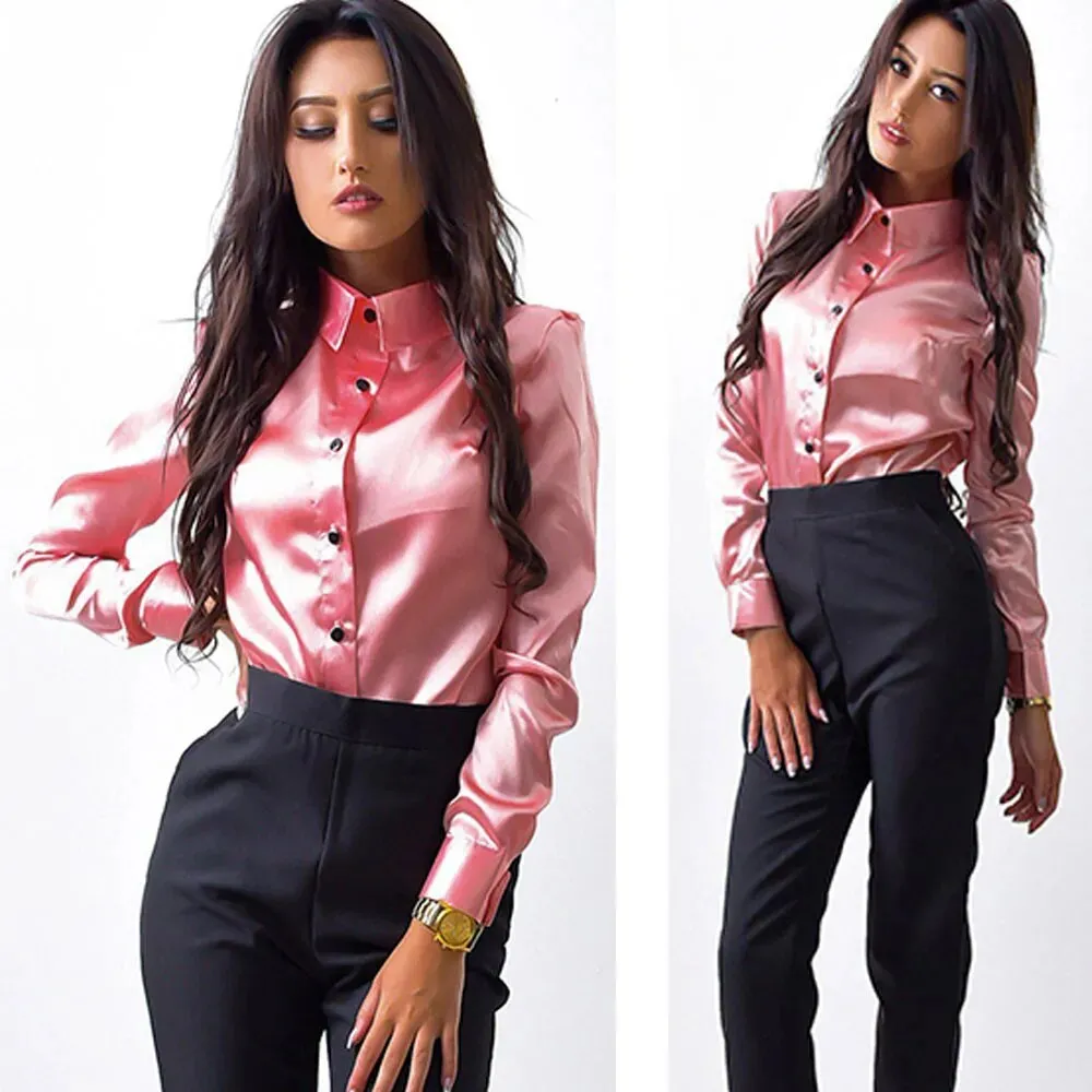 Elegant Satin Shirt Turn Down Collar Longth Sleeve Blouse