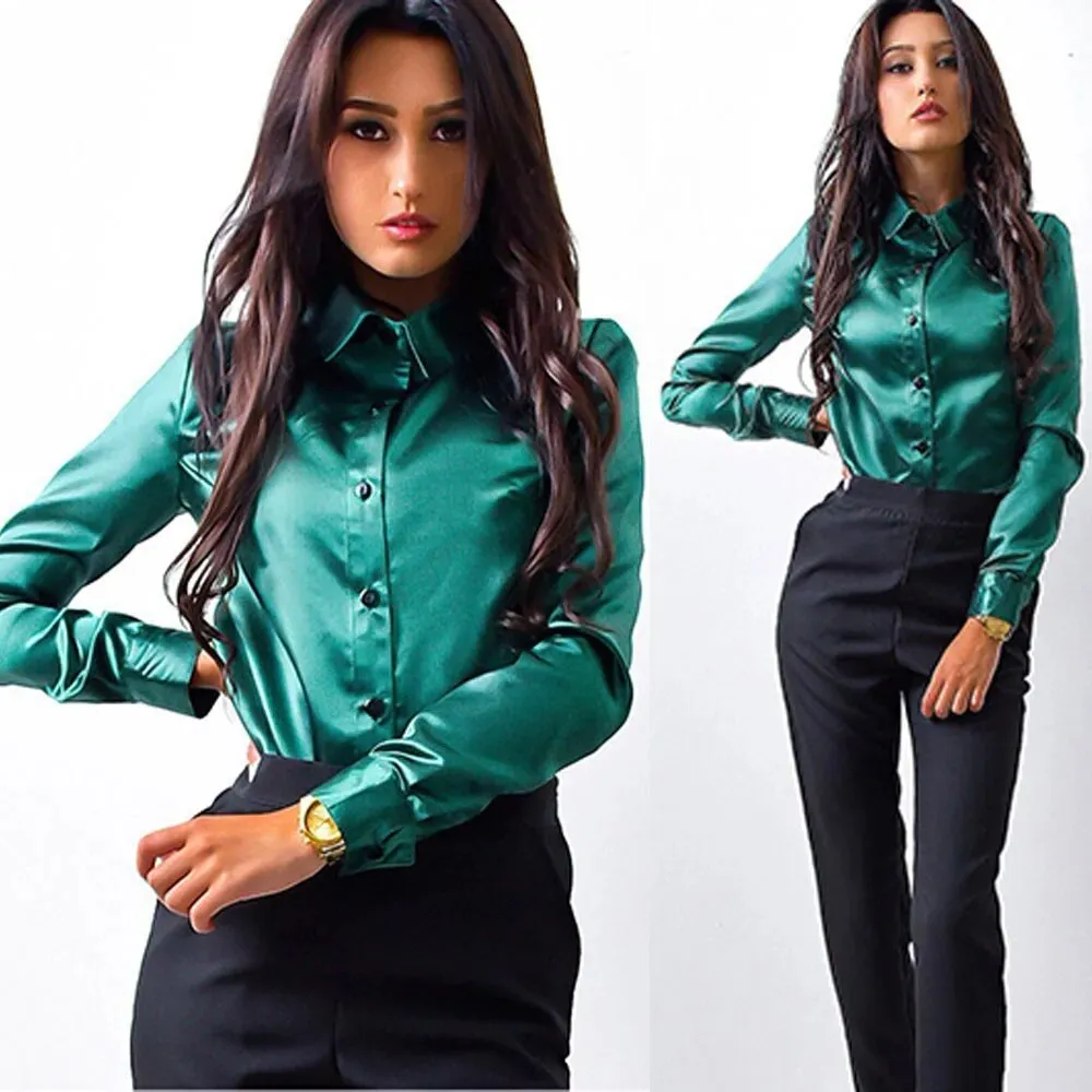 Elegant Satin Shirt Turn Down Collar Longth Sleeve Blouse