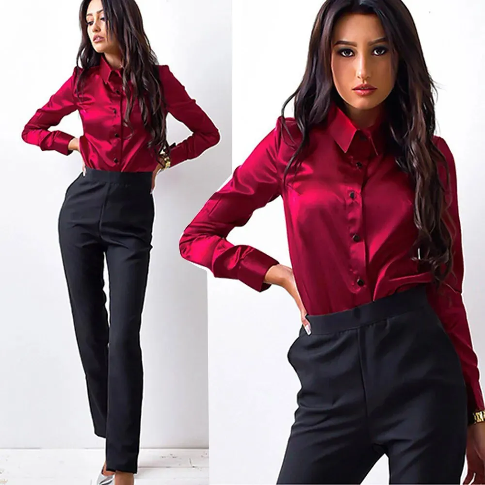 Elegant Satin Shirt Turn Down Collar Longth Sleeve Blouse