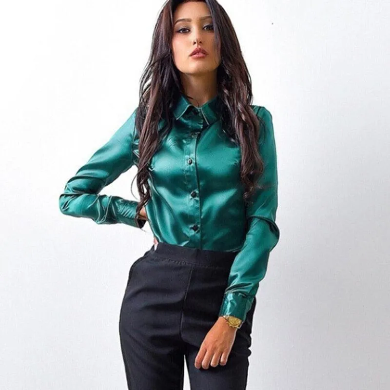 Elegant Satin Shirt Turn Down Collar Longth Sleeve Blouse