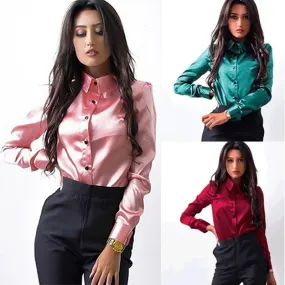 Elegant Satin Shirt Turn Down Collar Longth Sleeve Blouse