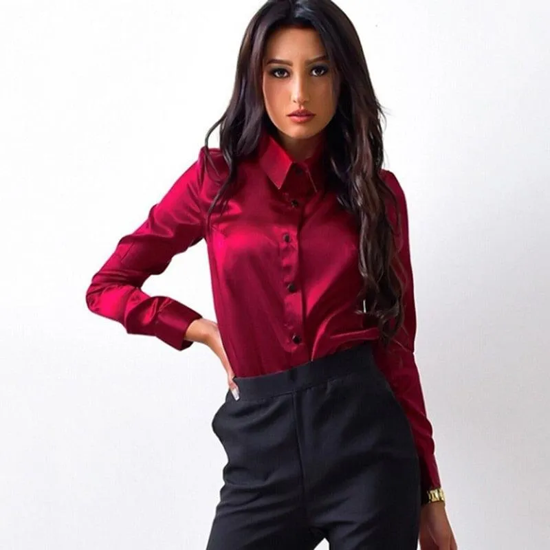 Elegant Satin Shirt Turn Down Collar Longth Sleeve Blouse