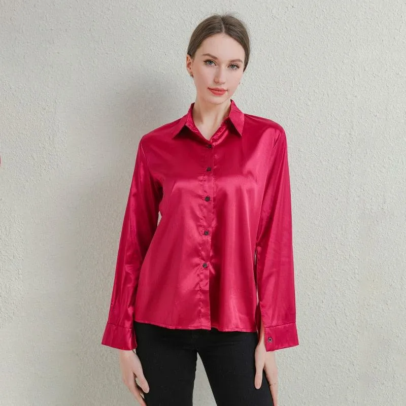 Elegant Satin Shirt Turn Down Collar Longth Sleeve Blouse