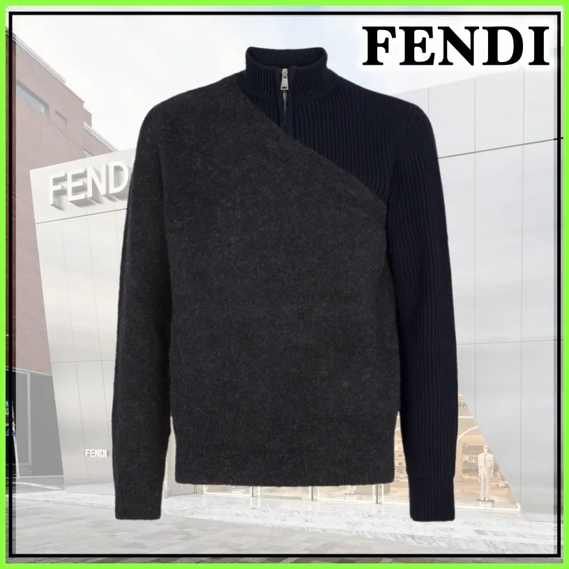 FENDI  |Pullovers Wool Fine Gauge Bi-color Plain Luxury