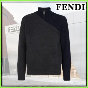 FENDI  |Pullovers Wool Fine Gauge Bi-color Plain Luxury