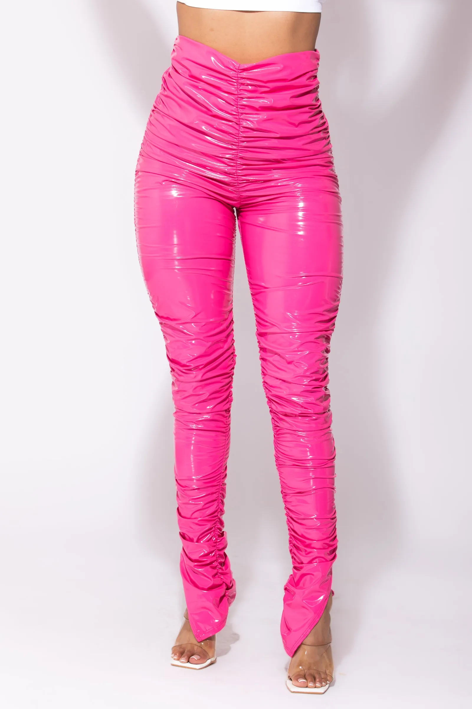 Fuchsia Leather Ruched Pants