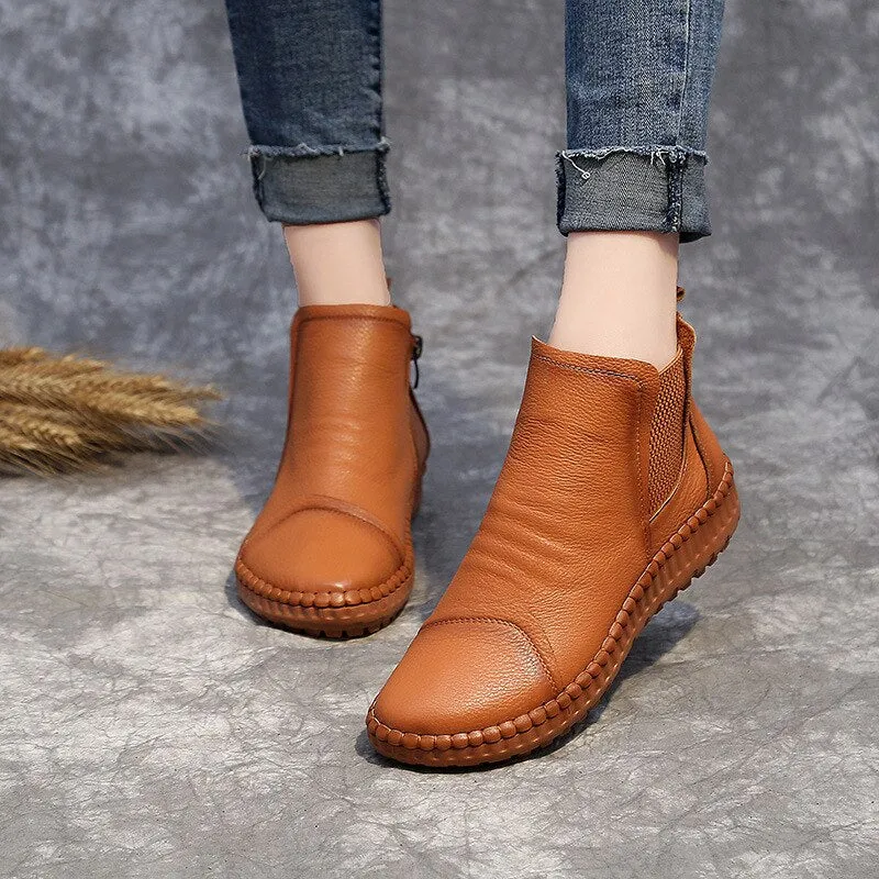 Genuine Leather Shoes Women Boots 2023 Autumn Winter Fashion Handmade Ankle Boots Warm Soft Outdoor Casual Flat Shoes Woman