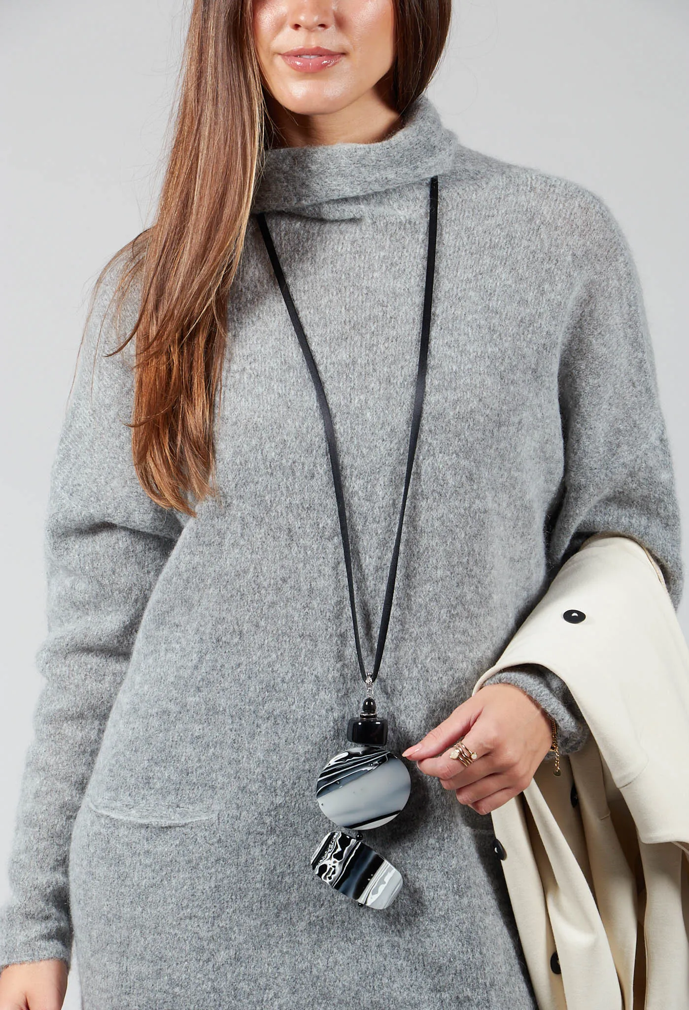 High Neck Oversized Jumper with Pocket Detail in Grey