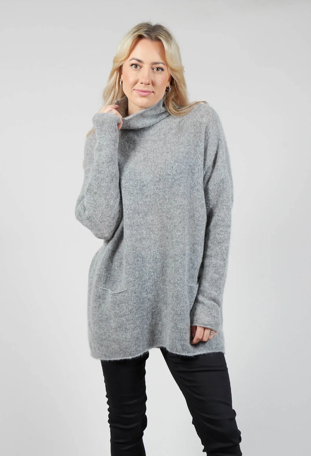 High Neck Oversized Jumper with Pocket Detail in Grey