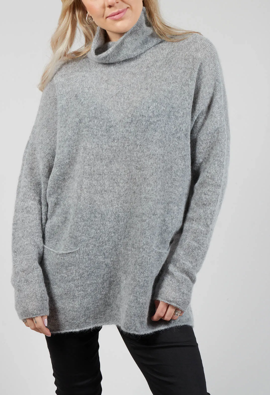 High Neck Oversized Jumper with Pocket Detail in Grey