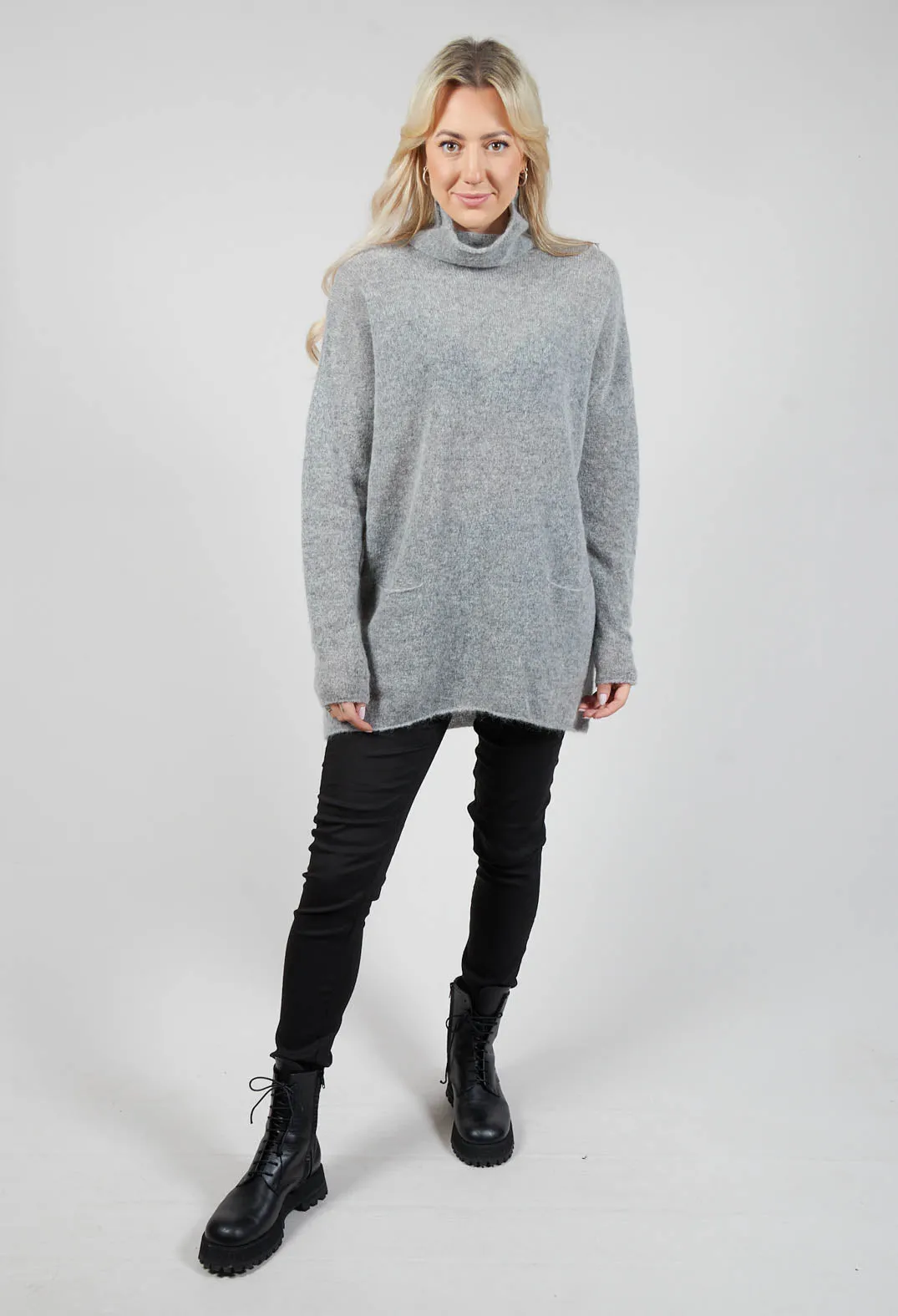 High Neck Oversized Jumper with Pocket Detail in Grey