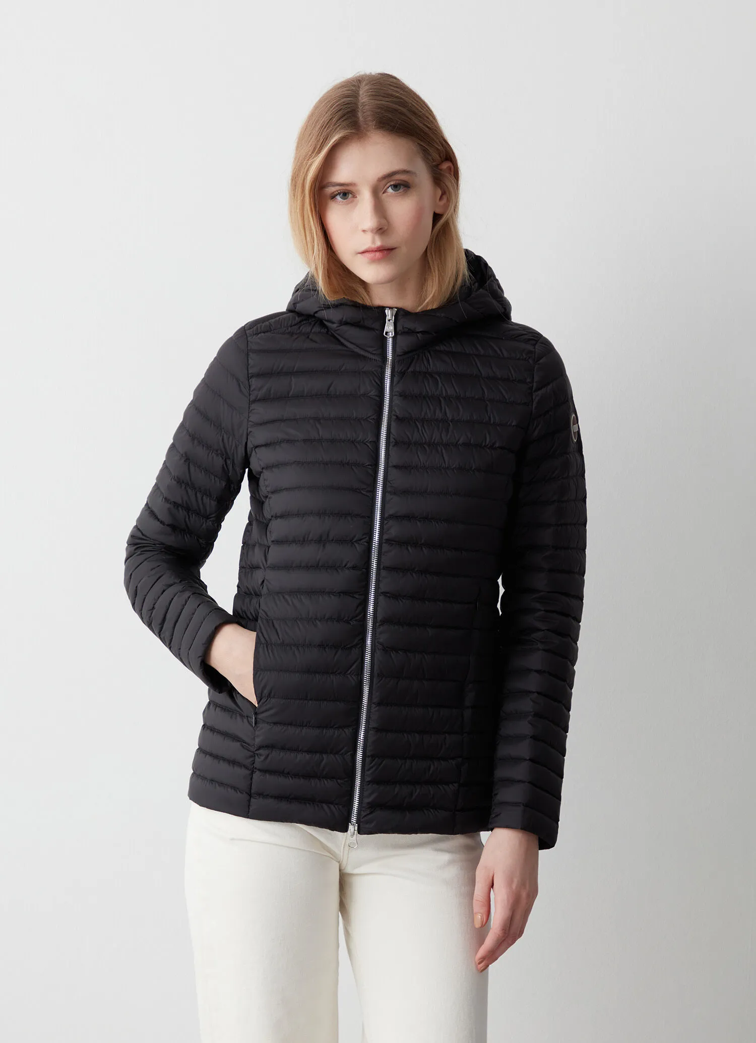 Hooded mid-length down jacket-