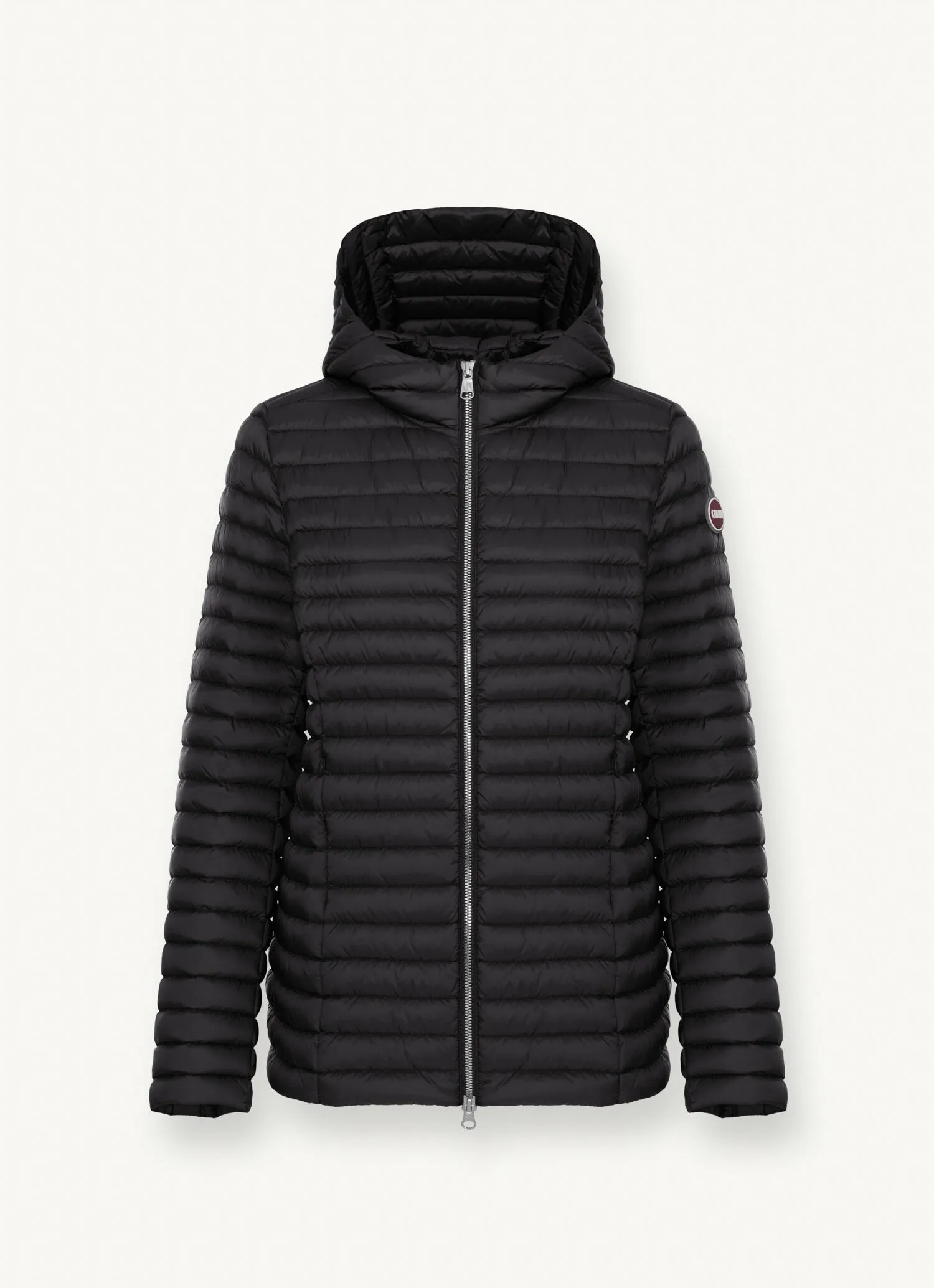 Hooded mid-length down jacket-