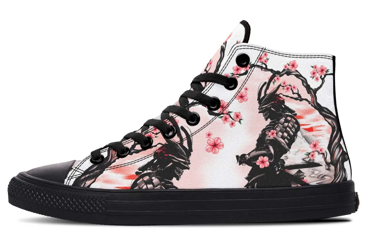 Japanese Samurai And Pink Flowers Tree Canvas High Top Shoes For Men Women