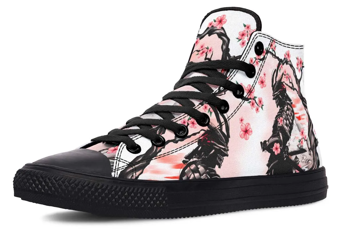 Japanese Samurai And Pink Flowers Tree Canvas High Top Shoes For Men Women