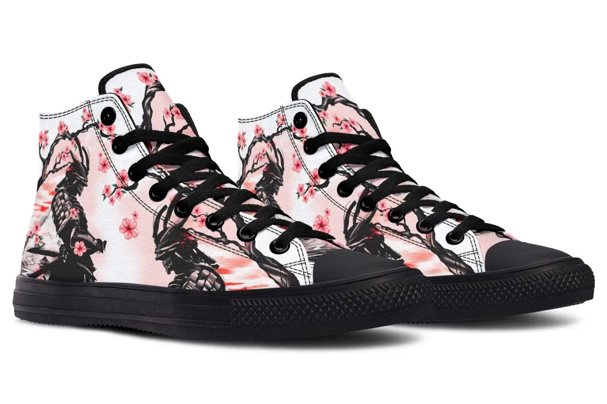 Japanese Samurai And Pink Flowers Tree Canvas High Top Shoes For Men Women