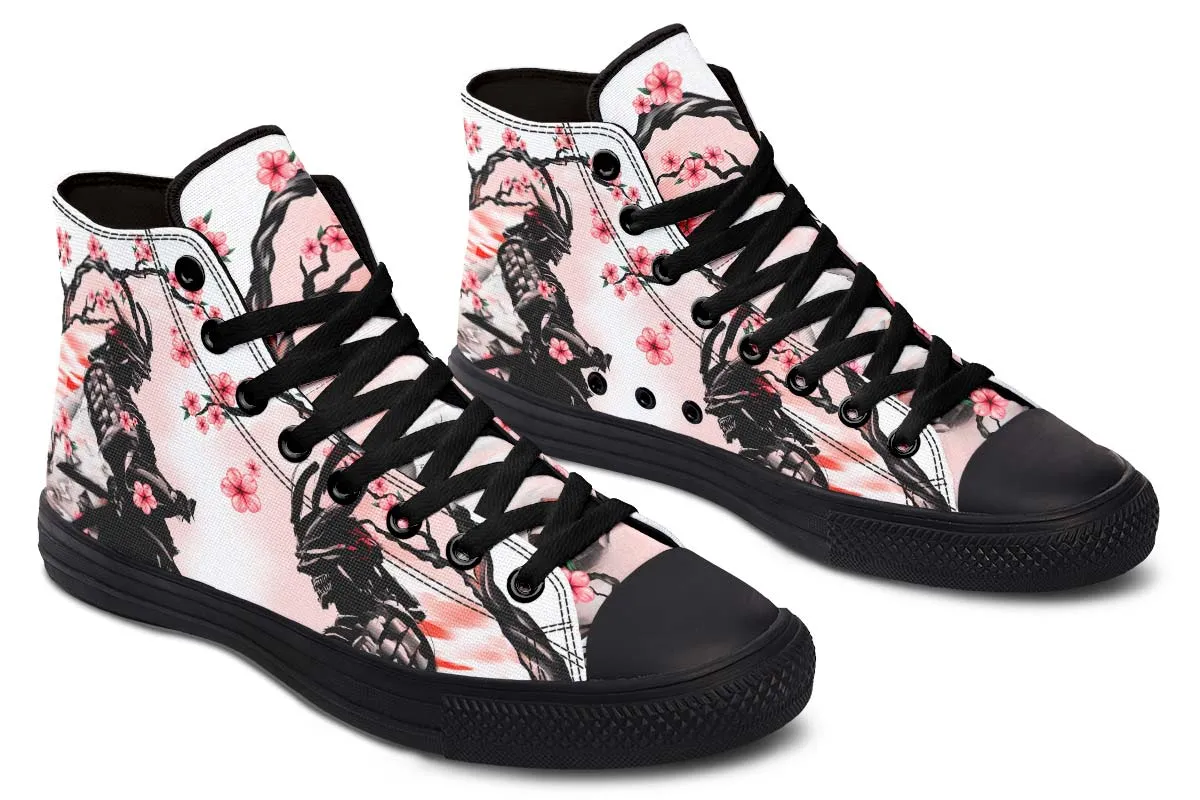 Japanese Samurai And Pink Flowers Tree Canvas High Top Shoes For Men Women