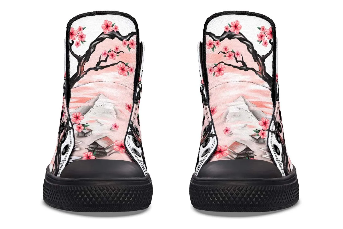 Japanese Samurai And Pink Flowers Tree Canvas High Top Shoes For Men Women